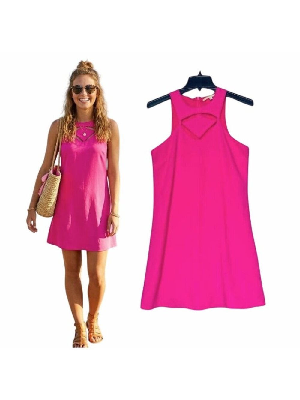 โญGianni Bini Womens Small S Hot Pink Cutout Neck Sleeveless Mini Dress Sundress